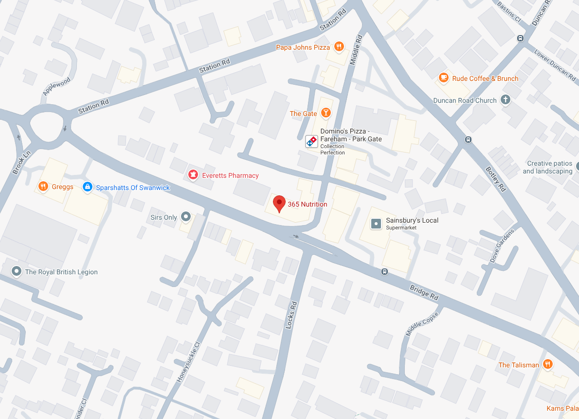 Map showing 365 Nutrition at 28 Bridge Road, Park Gate,
Southampton, SO31 7GF.